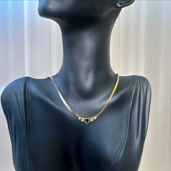 Vintage Avon 80s Blue Sapphire & Rhinestones Gold-Tone Choker Necklace - Picture 5 of 9